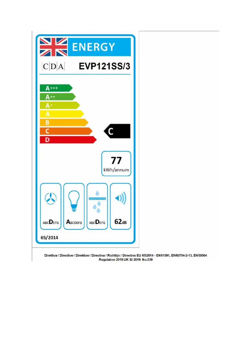 Page 1 de la notice Label énergétique CDA EVP121SS