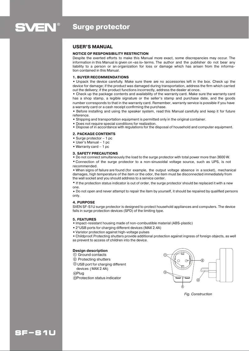 Page n°1 - Manuel utilisateur Sven SF-S1U