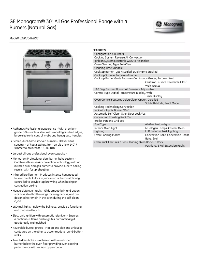 Page 1 de la notice Fiche technique Monogram ZGP304NRSS