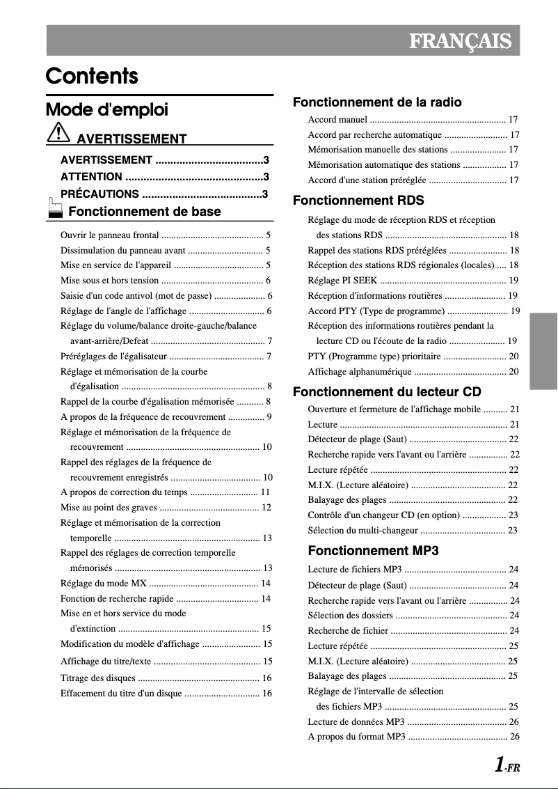 Page 1 de la notice Manuel utilisateur Alpine CDA-7998R