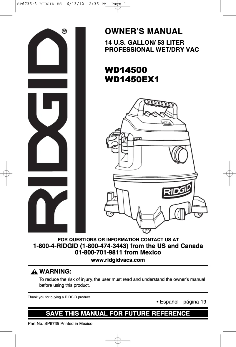 Page 1 de la notice Manuel utilisateur Ridgid WD1450EX1
