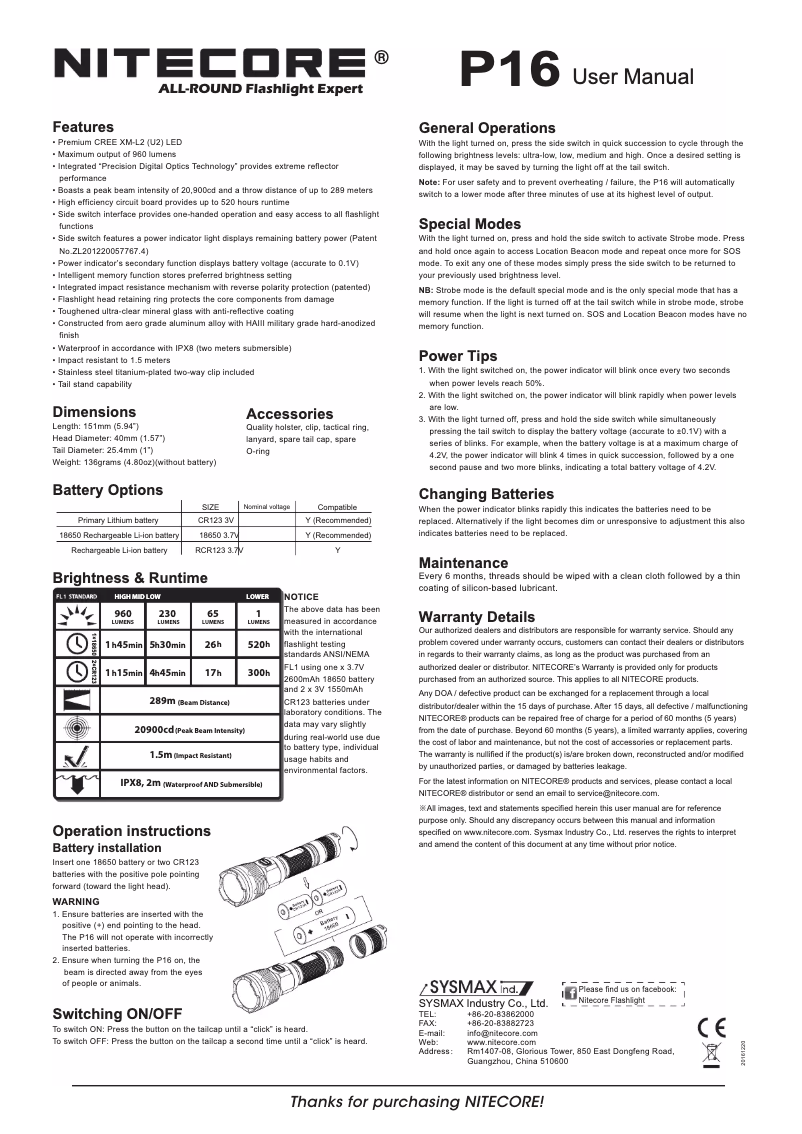 Page n°1 - Manuel utilisateur Nitecore P16