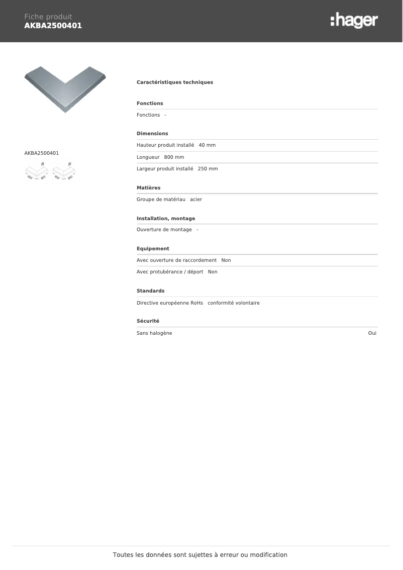Page 1 de la notice Fiche technique Hager AKBA2500401