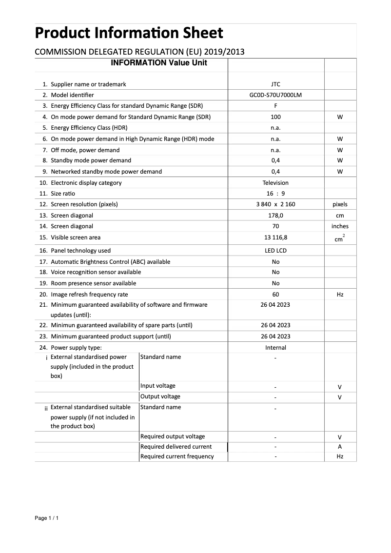 Page n°1 - Manuel utilisateur Jay-Tech S70U7000LM