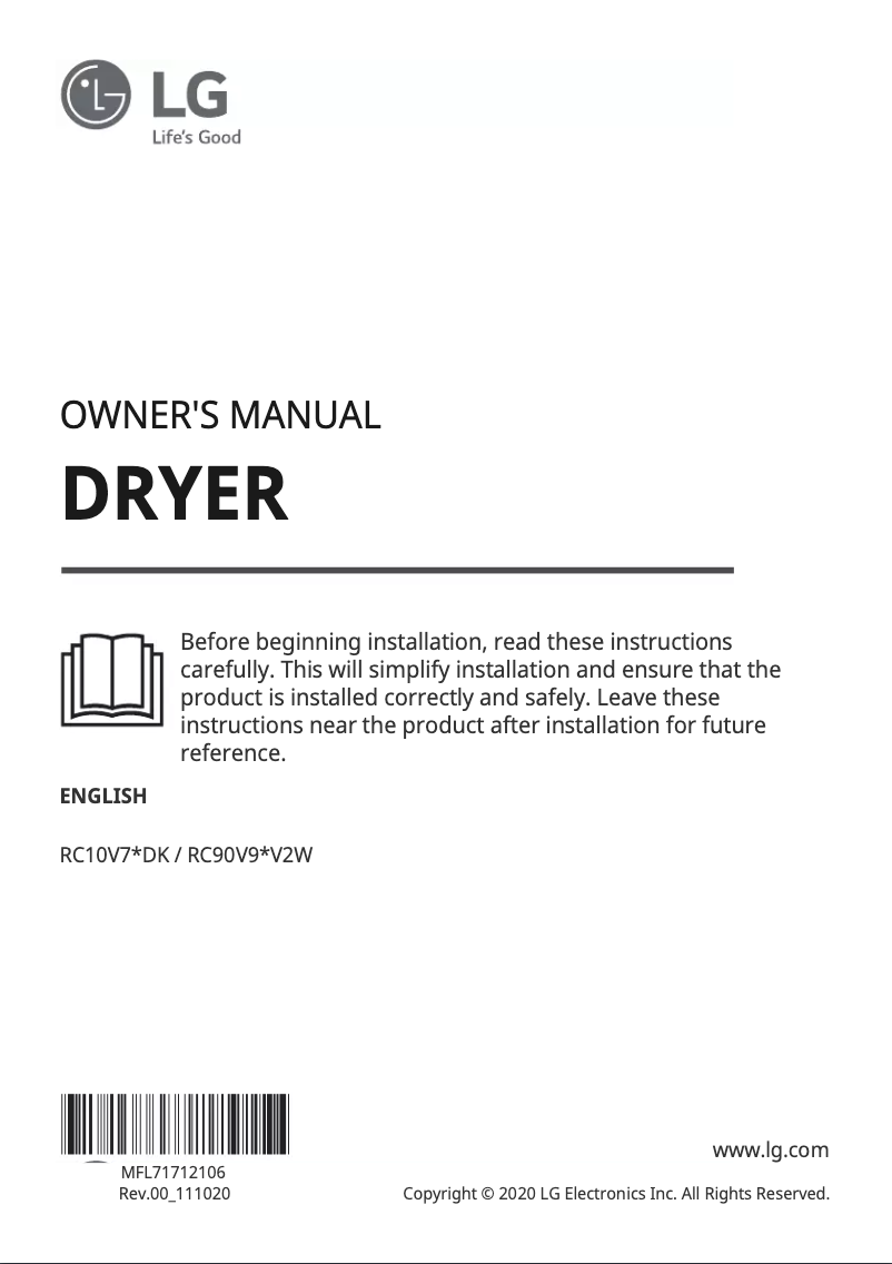 Page 1 de la notice Manuel utilisateur LG RC10V7SDK