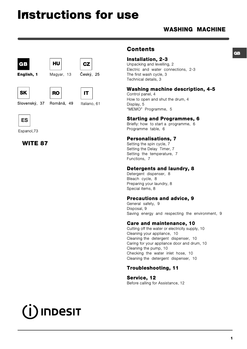 Página 1 del manual Manual de usuario Indesit WITE 87