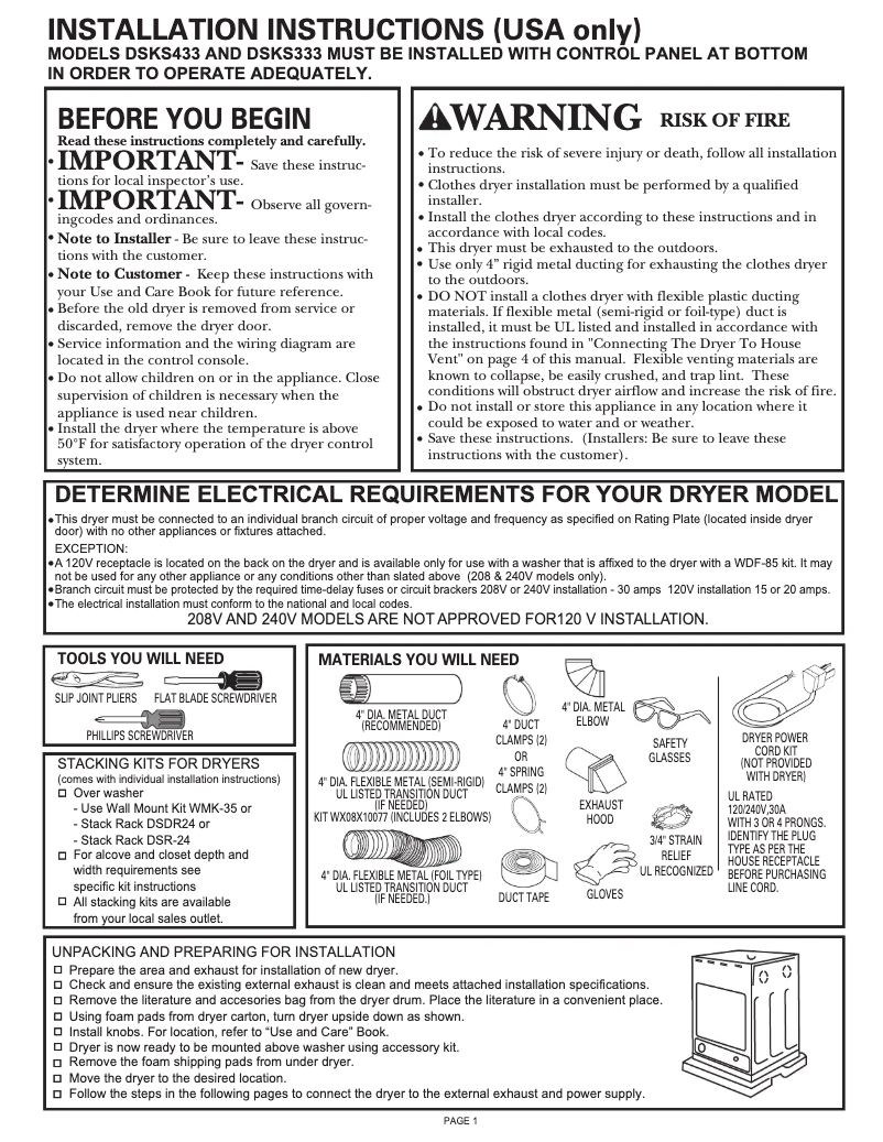 Page n°1 - Guide d'installation GE DSKS433EBWH