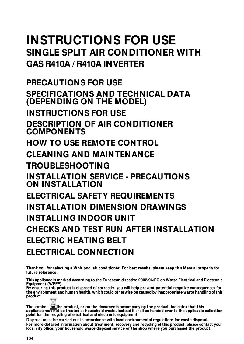 Page 1 de la notice Manuel utilisateur Whirlpool AMC 998