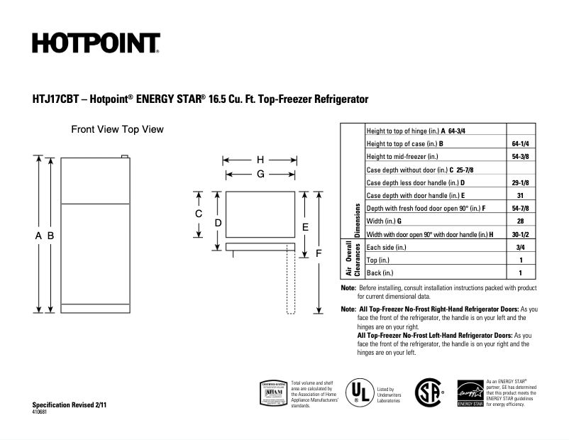 Page 1 de la notice Fiche technique Hotpoint HTJ17CBTSA