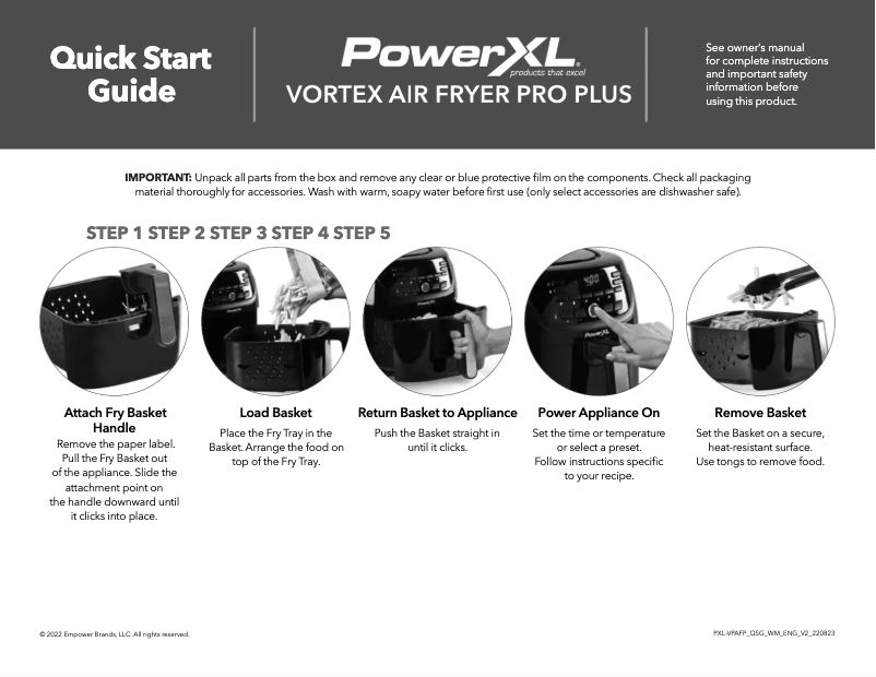 Page 1 de la notice Guide de démarrage rapide PowerXL Vortex Pro Air Fryer Pro Plus AF-E6001-C