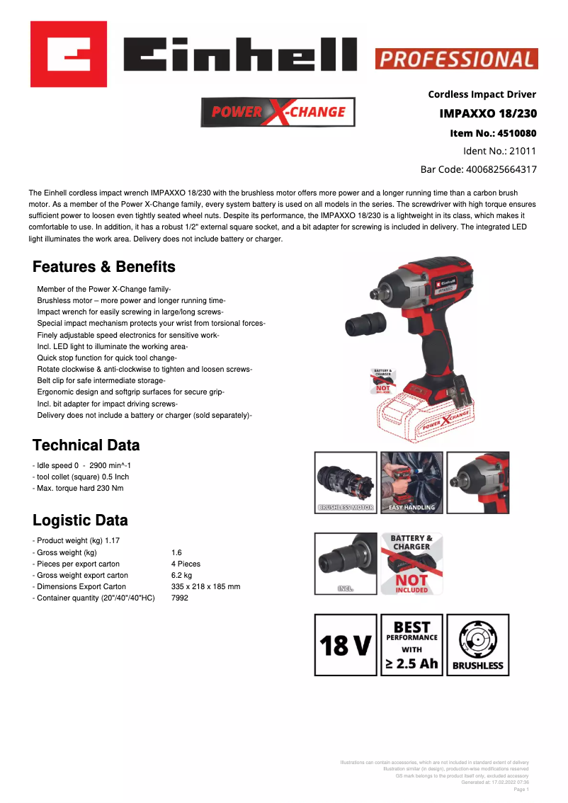Page 1 de la notice Fiche technique Einhell IMPAXXO 18/230