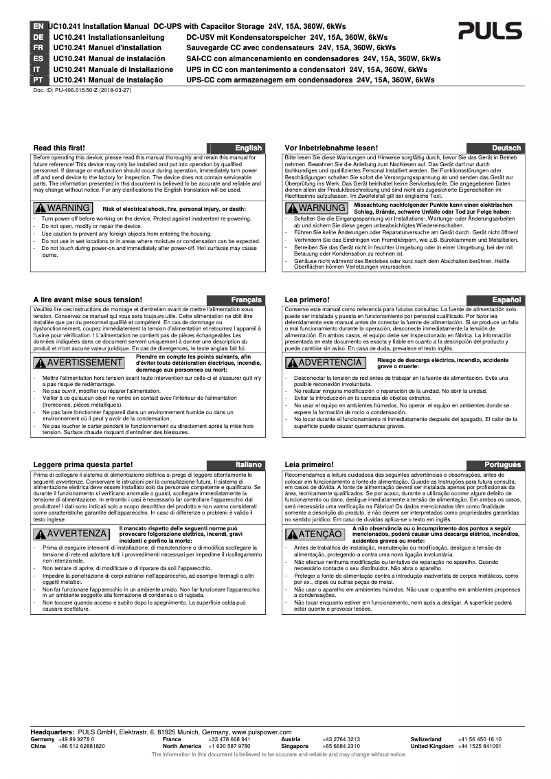 Page n°1 - Manuel utilisateur Puls Dimension UB10.241