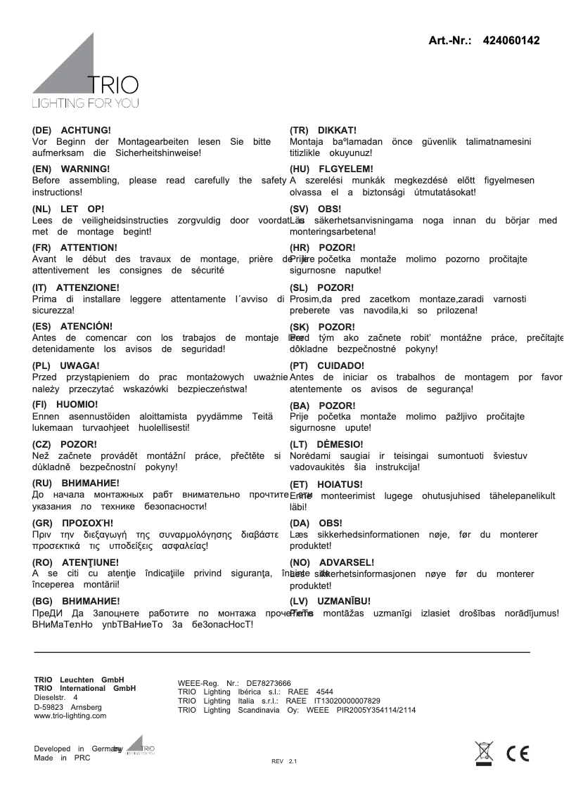 Page 1 de la notice Manuel utilisateur Trio Lighting Hoosic 424060142