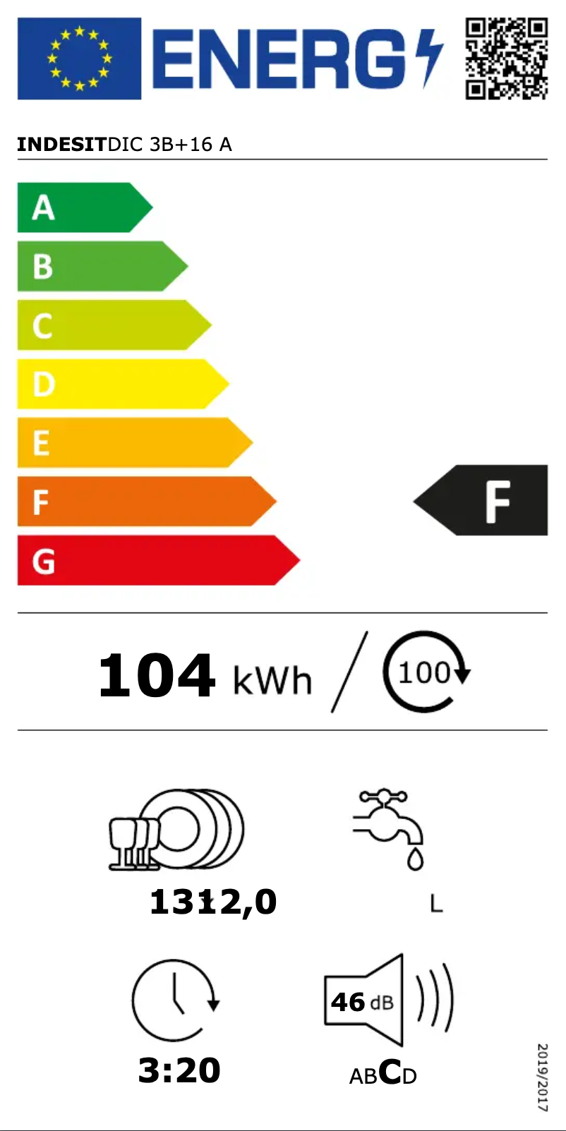 Page n°1 - Label énergétique Indesit DIC3B+16A