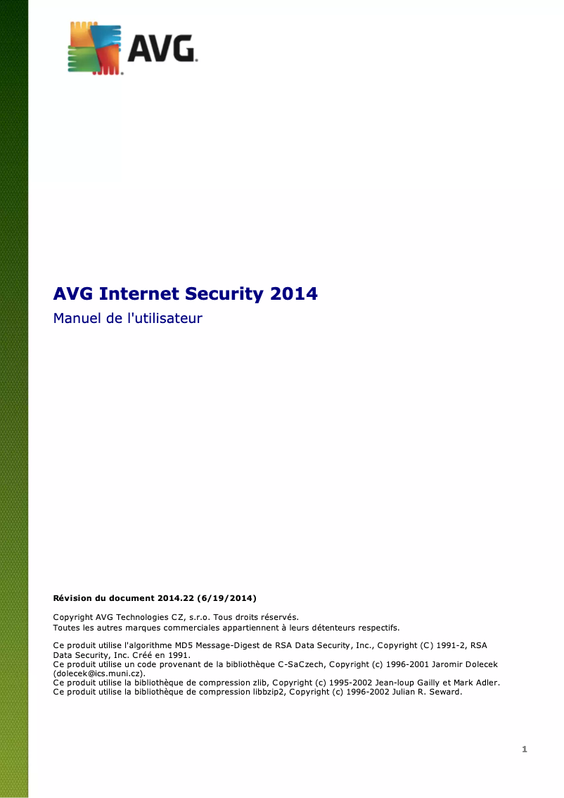 Page 1 de la notice Manuel utilisateur AVG Internet Security 2014