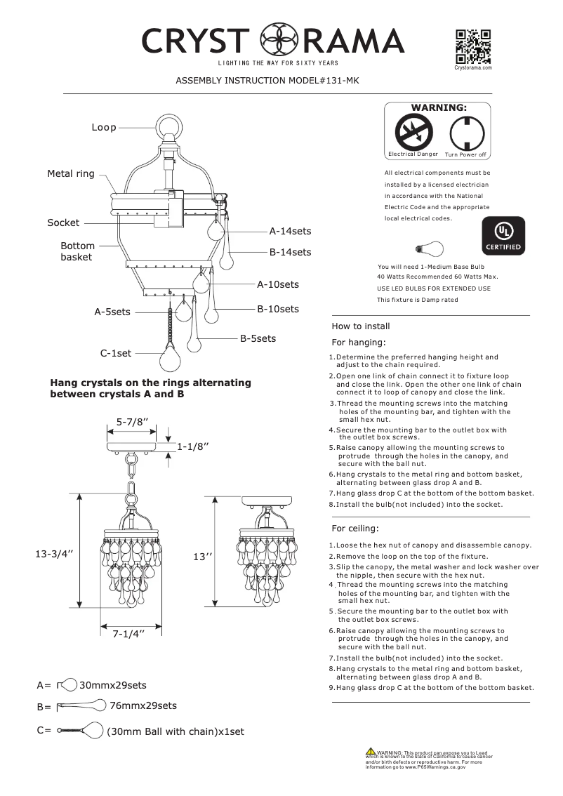 Page n°1 - Manuel utilisateur Crystorama Calypso 131-MK