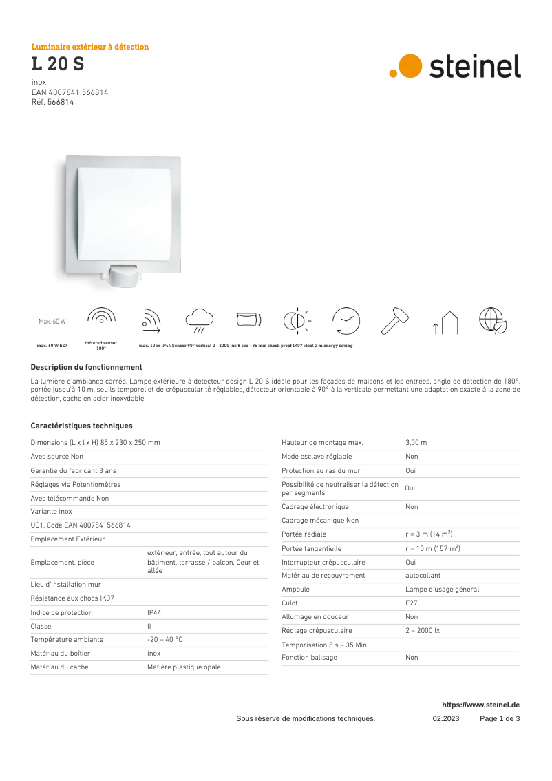 Page 1 de la notice Fiche technique Steinel L 20 S