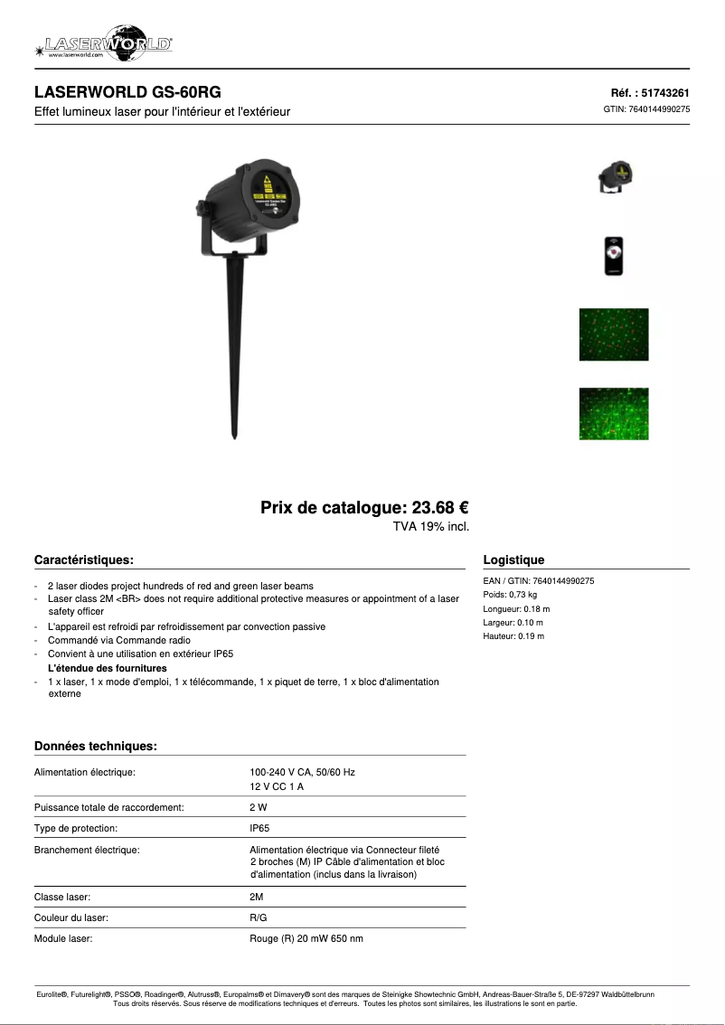 Page 1 de la notice Fiche technique Laserworld GS-60RG