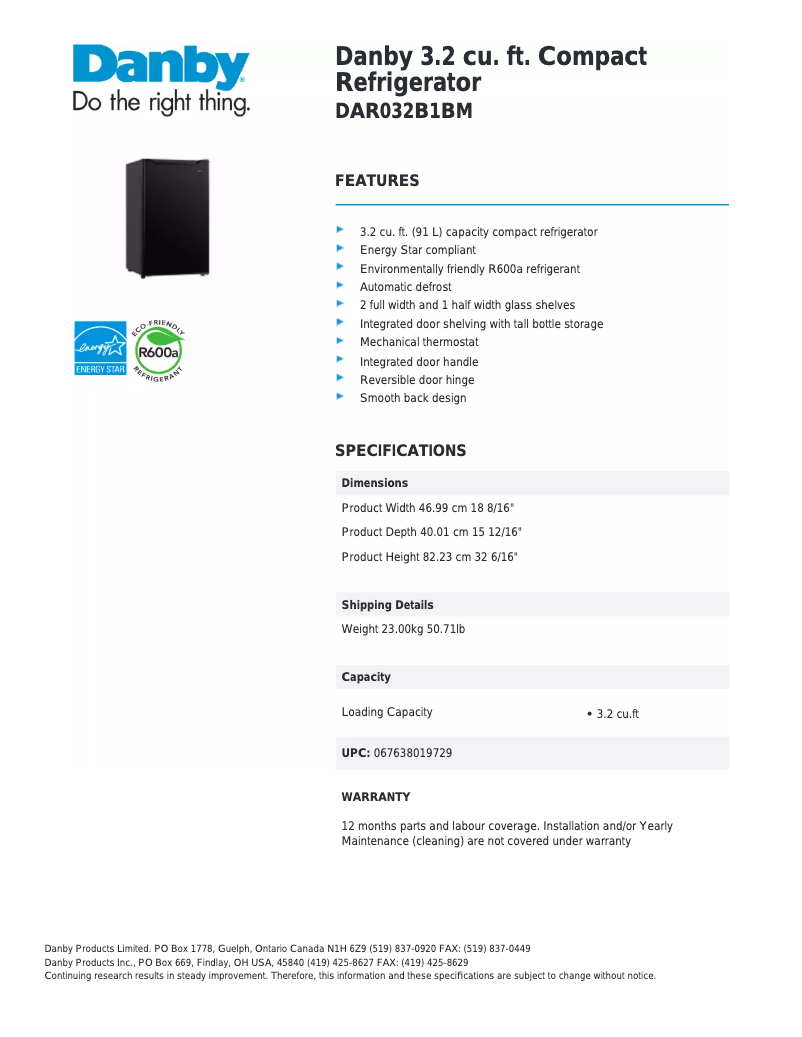 Página 1 del manual Ficha técnica Danby DAR032B1BM