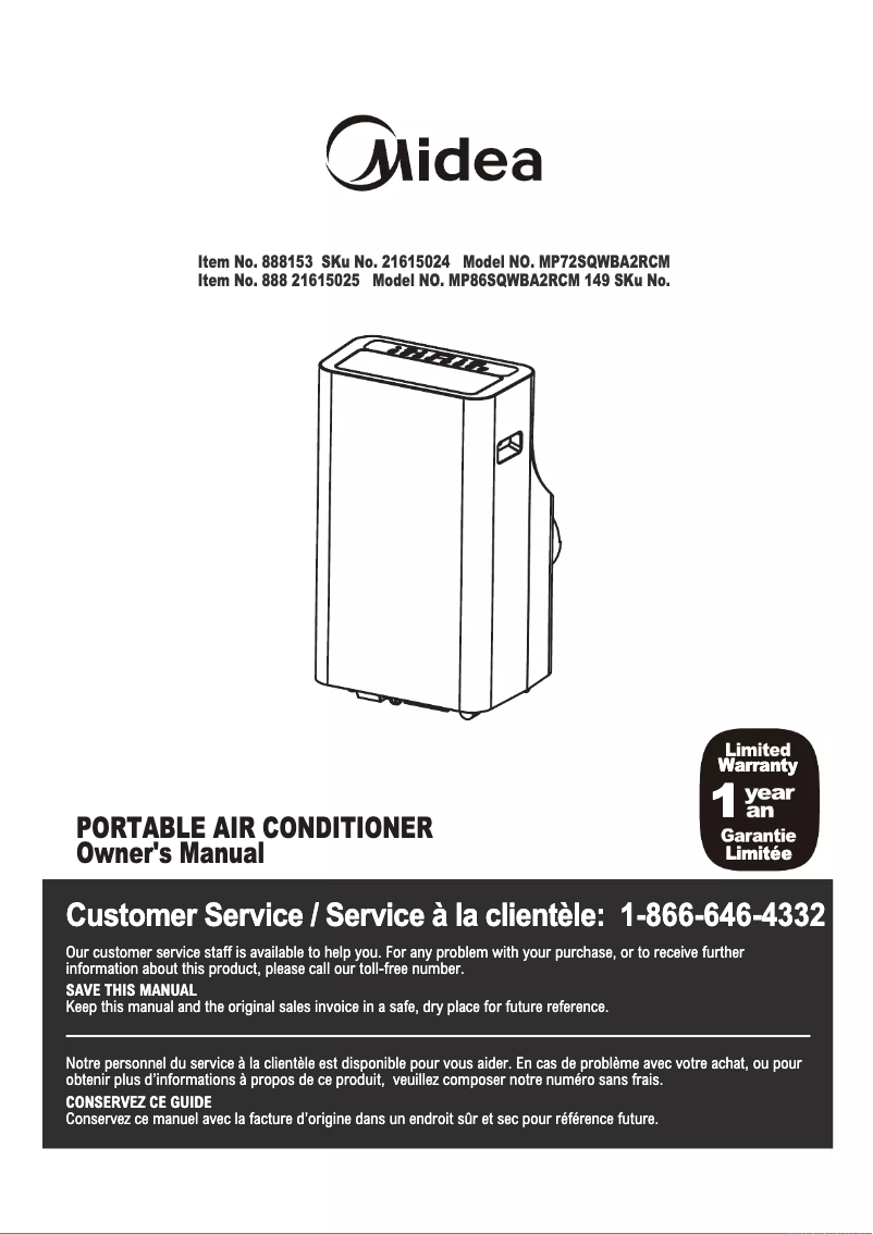 Page 1 de la notice Manuel utilisateur Midea MP72SQWBA2RCM