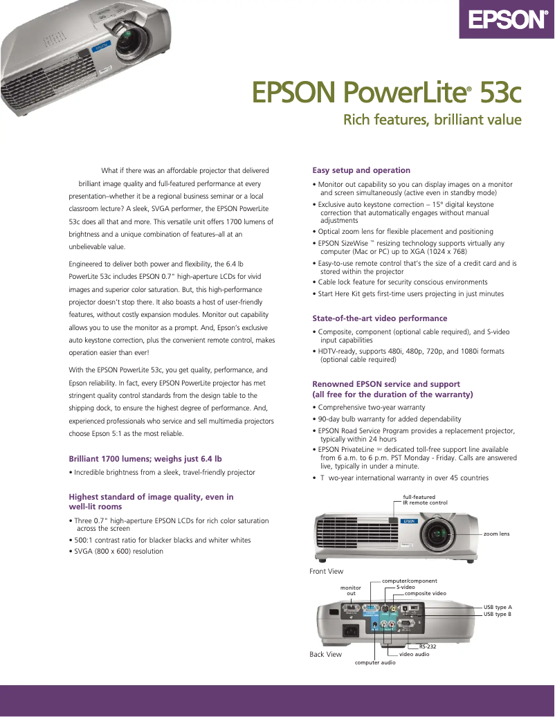 Page 1 de la notice Brochure Epson PowerLite 53c