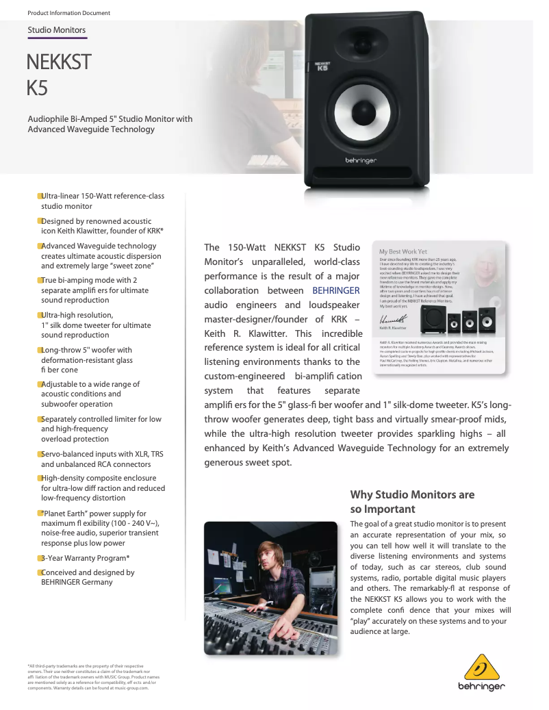 Page 1 de la notice Fiche technique Behringer NEKKST K5