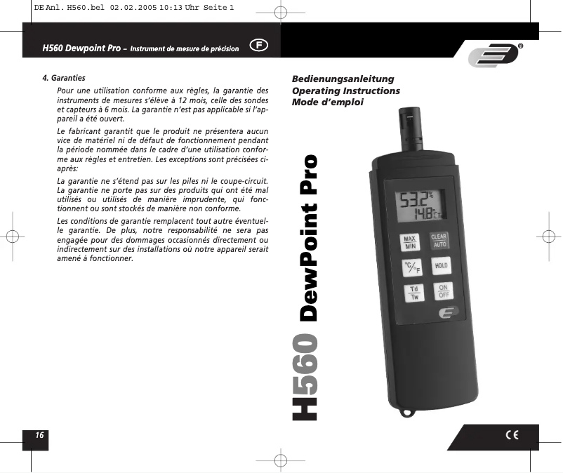 Image de la première page du manuel de l'appareil Dewpoint Pro