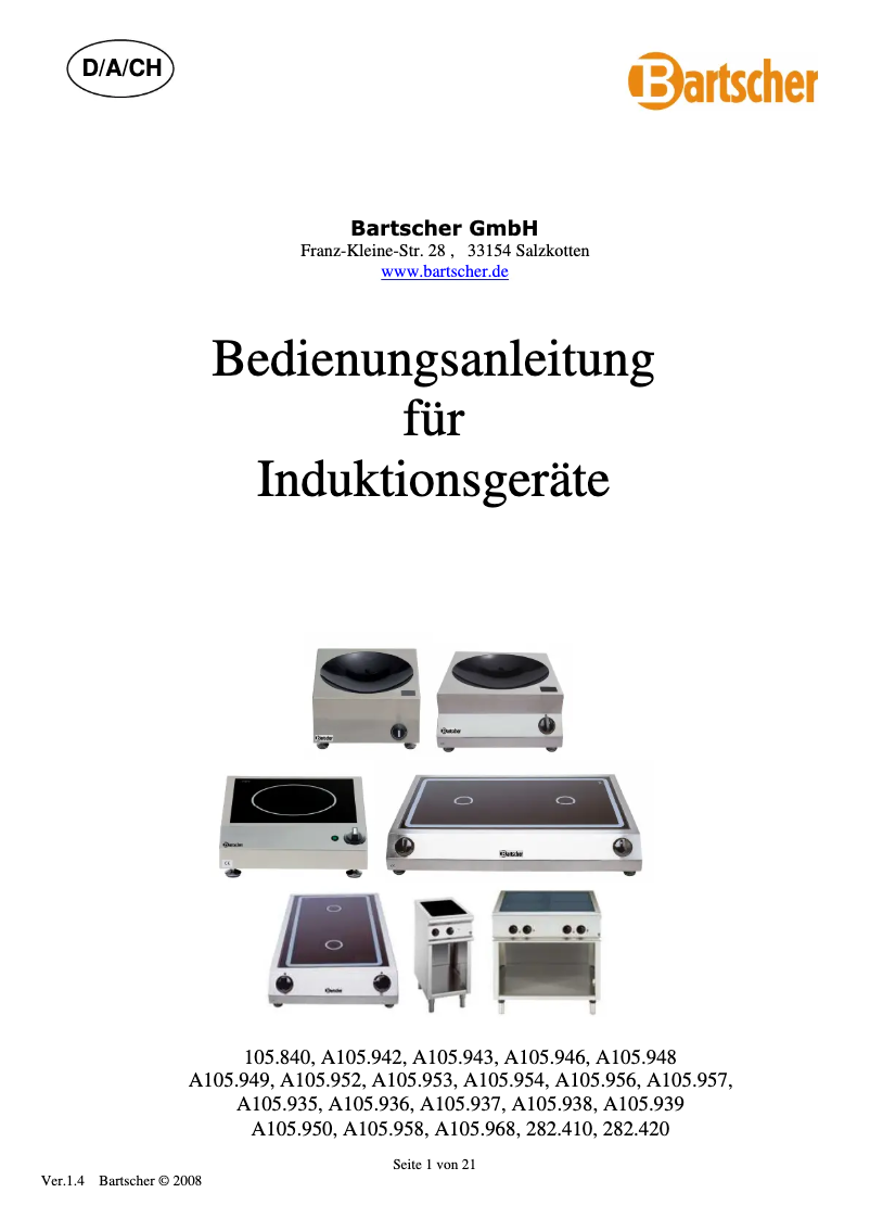 Page n°1 - Manuel utilisateur Bartscher A105942