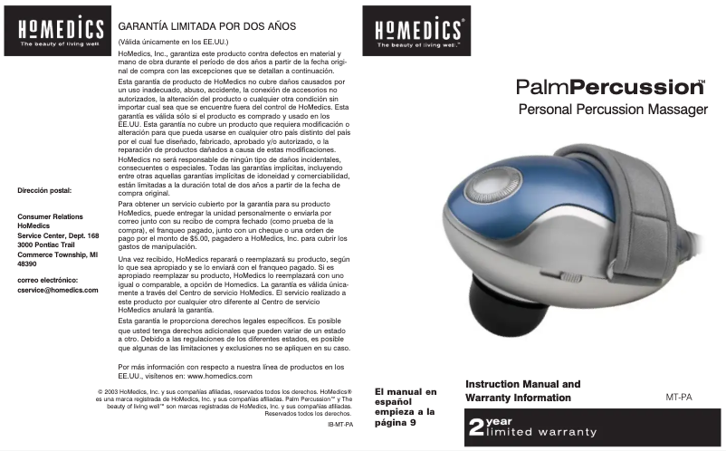 Page n°1 - Manuel utilisateur Homedics MT-PA