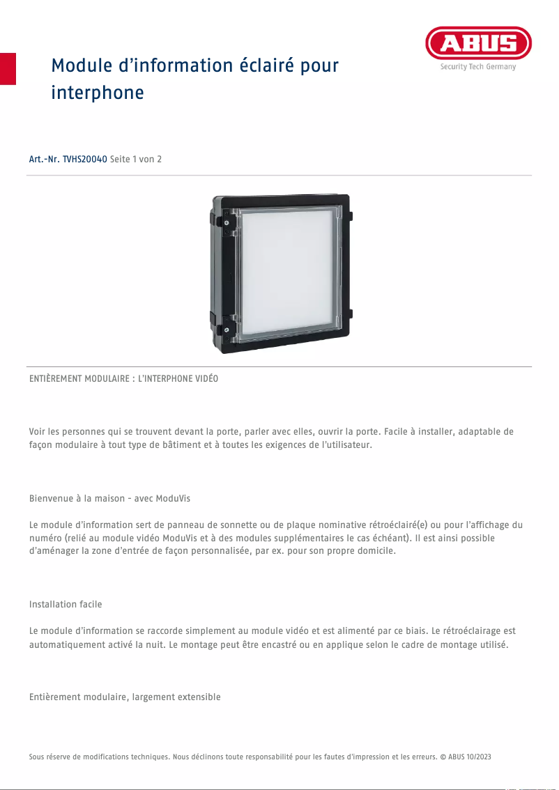 Page 1 de la notice Fiche technique Abus TVHS20040