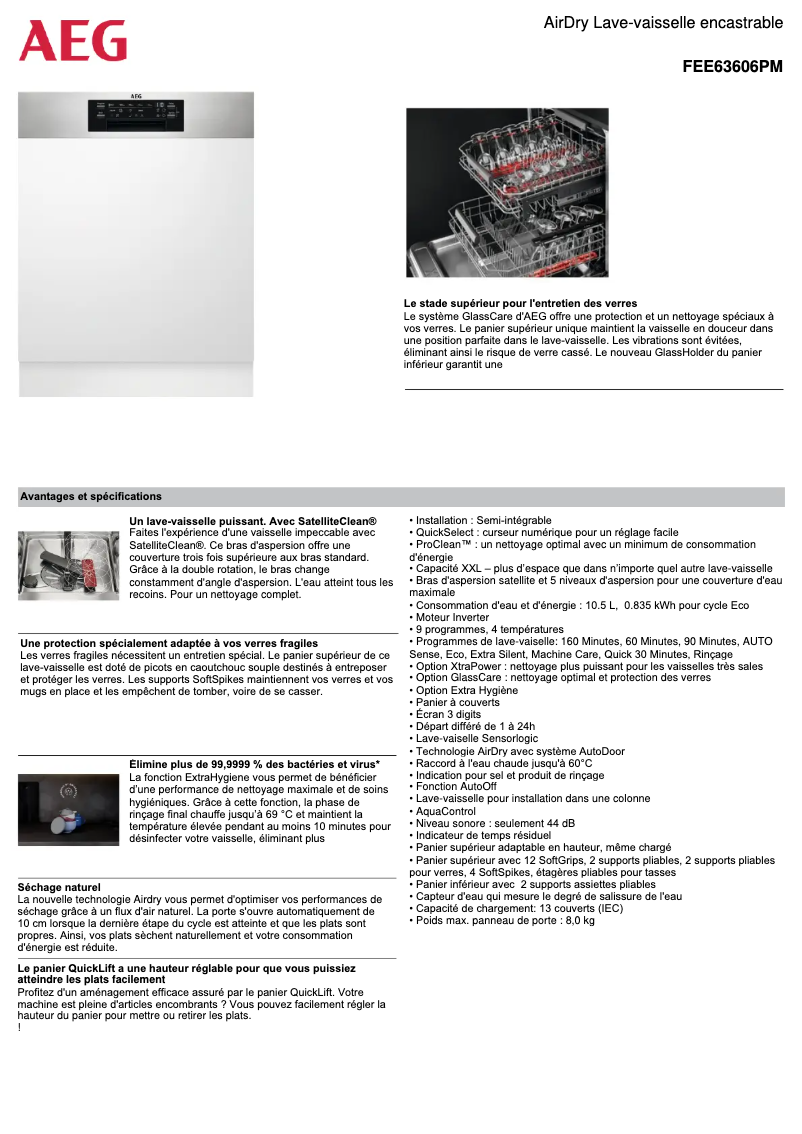 Page 1 de la notice Fiche technique AEG FEE63606PM