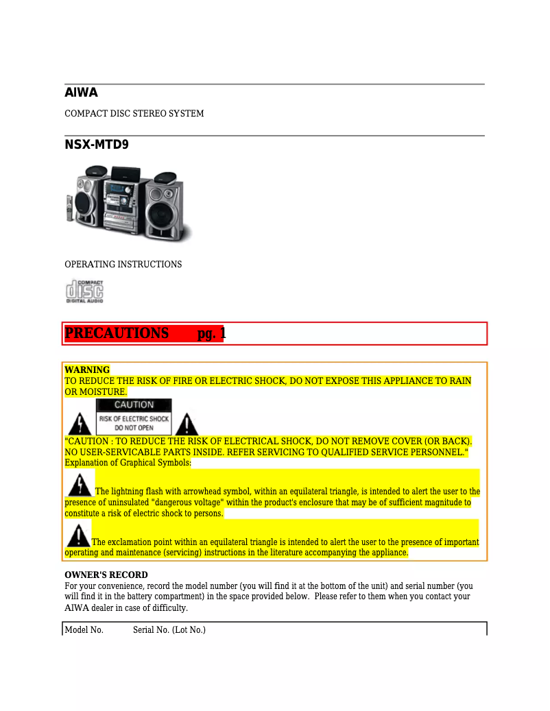 Page n°1 - Manuel utilisateur Aiwa NSX-MTD9