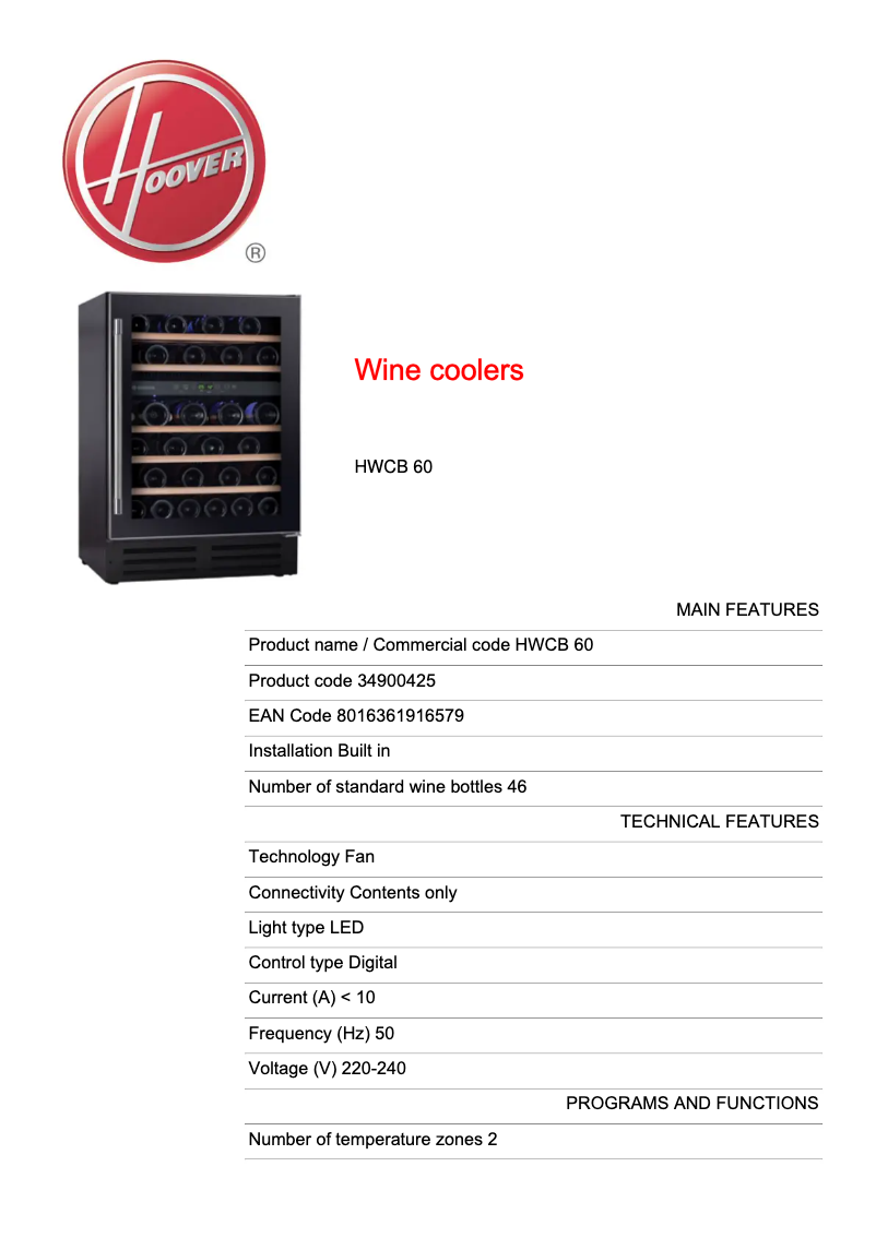 Page n°1 - Manuel utilisateur Hoover HWCB 60