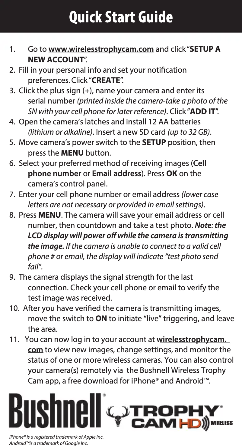 Page 1 de la notice Guide de démarrage rapide Bushnell Trophy Cam HD Wireless 119599C