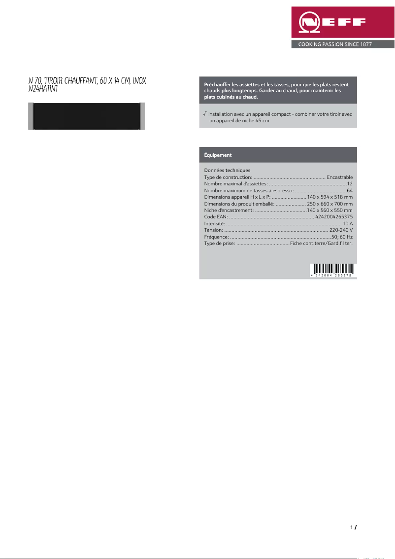 Page 1 of the manual Technical Sheet Neff N24HA11N1