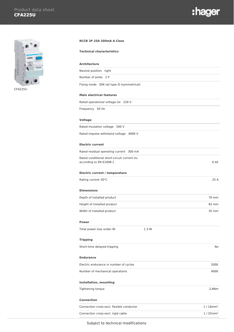 Page 1 de la notice Fiche technique Hager CFA225U