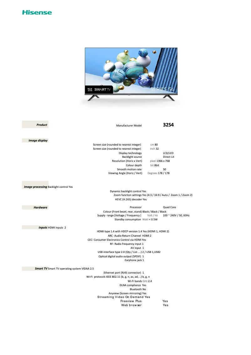 Page 1 de la notice Fiche technique Hisense 32S4