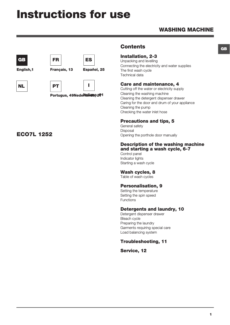 Image de la première page du manuel de l'appareil ECO7L 1252 EU.T