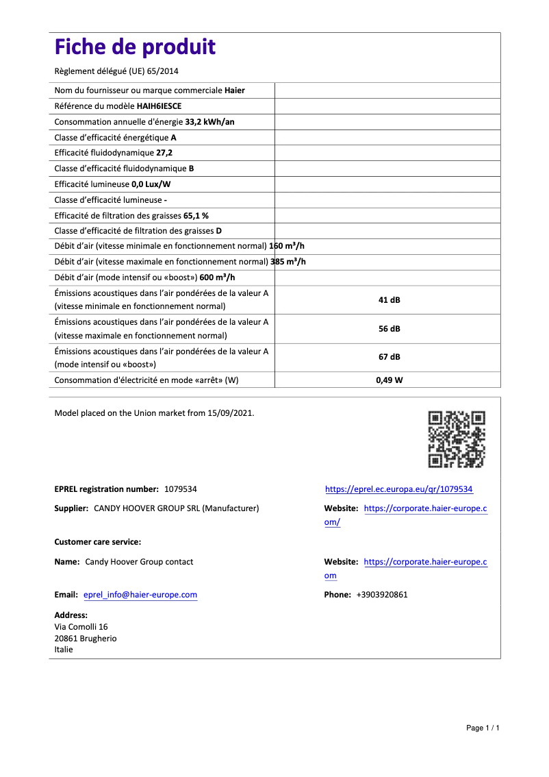 Page n°1 - Fiche technique Haier HAIH6IESCE