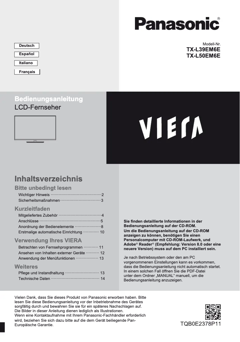 Page 1 de la notice Guide de démarrage rapide Panasonic TX-L39EM6