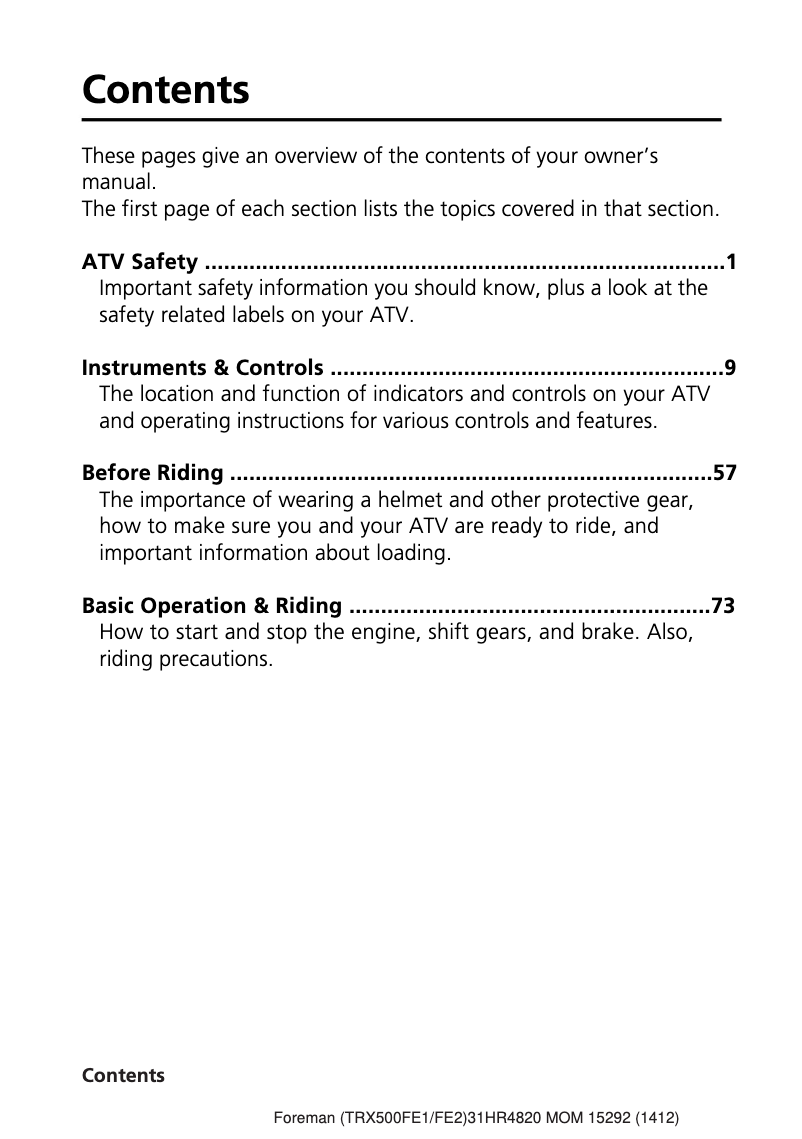 Image de la première page du manuel de l'appareil Fourtrax Foreman TRX500FE1 (2016)