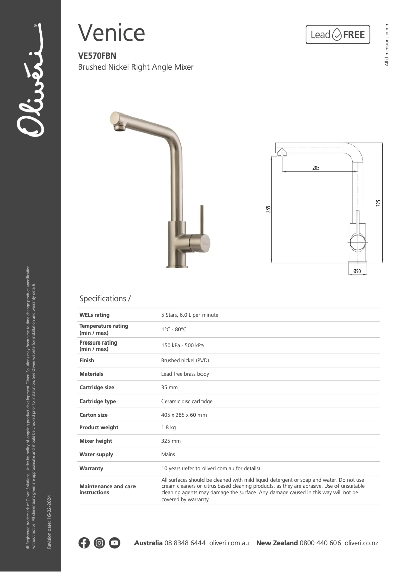 Página 1 del manual Ficha técnica Oliveri VE570FBN