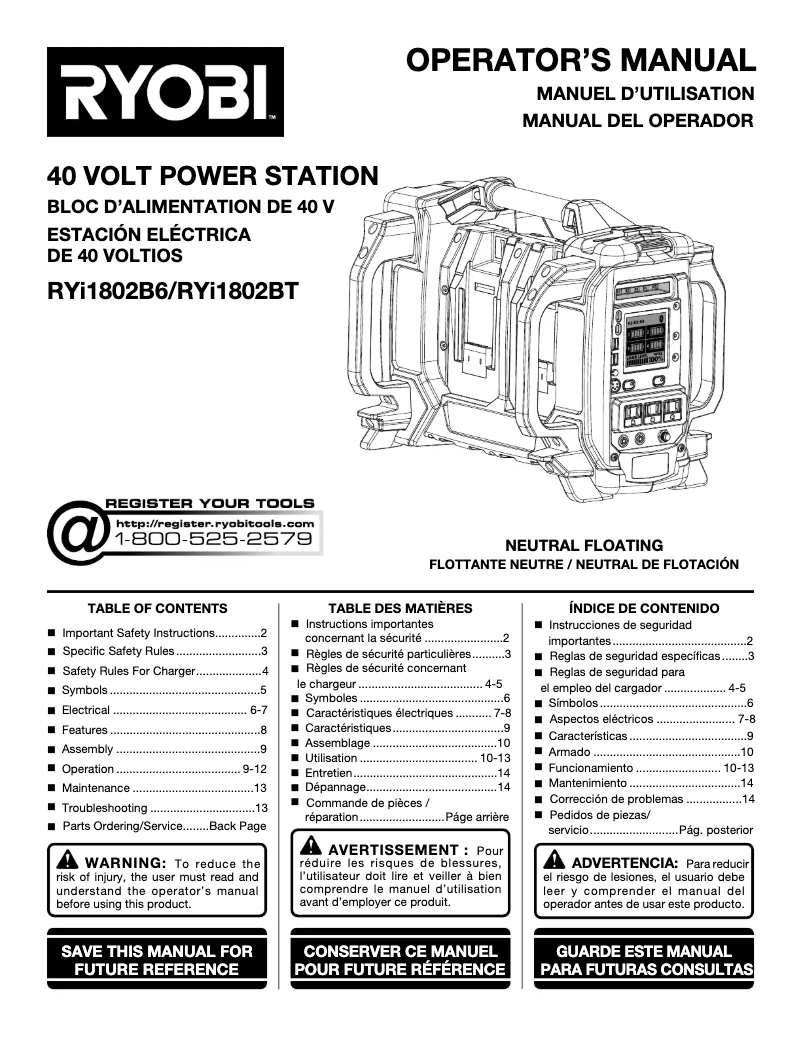 Page n°1 - Manuel utilisateur RYOBI RYi1802B6