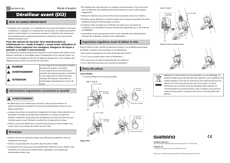 Page 1 de la notice Manuel utilisateur Shimano FD-9070-F