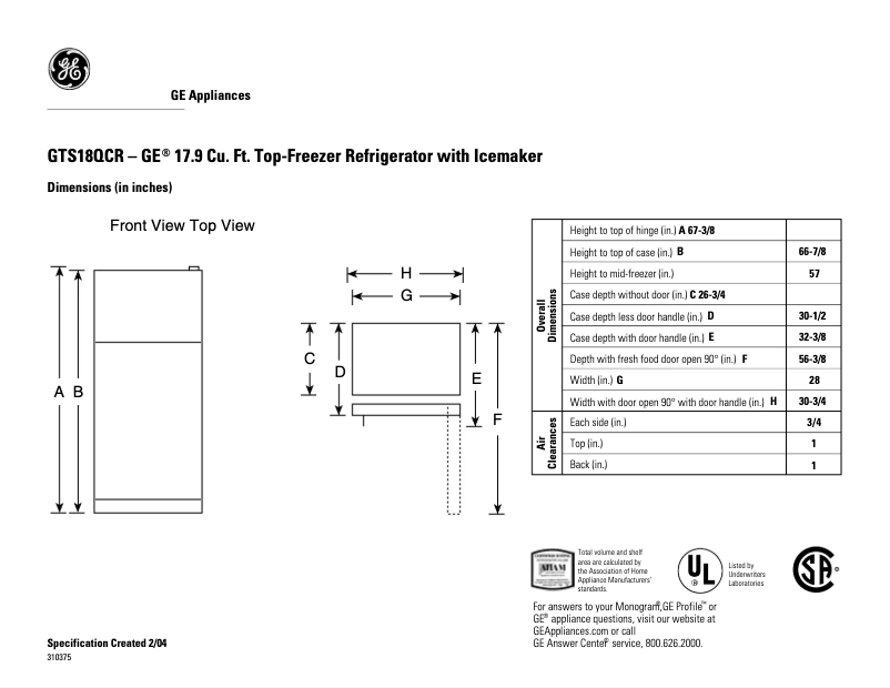 Page n°1 - Fiche technique GE GTS18QCRWW