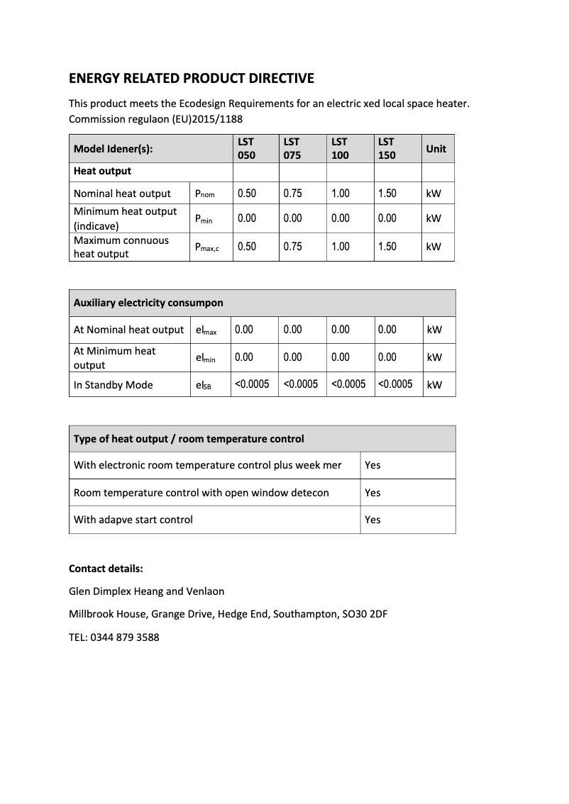 Page 1 de la notice Fiche technique Dimplex LST050
