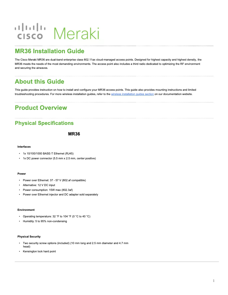 Page n°1 - Manuel utilisateur Meraki MR36