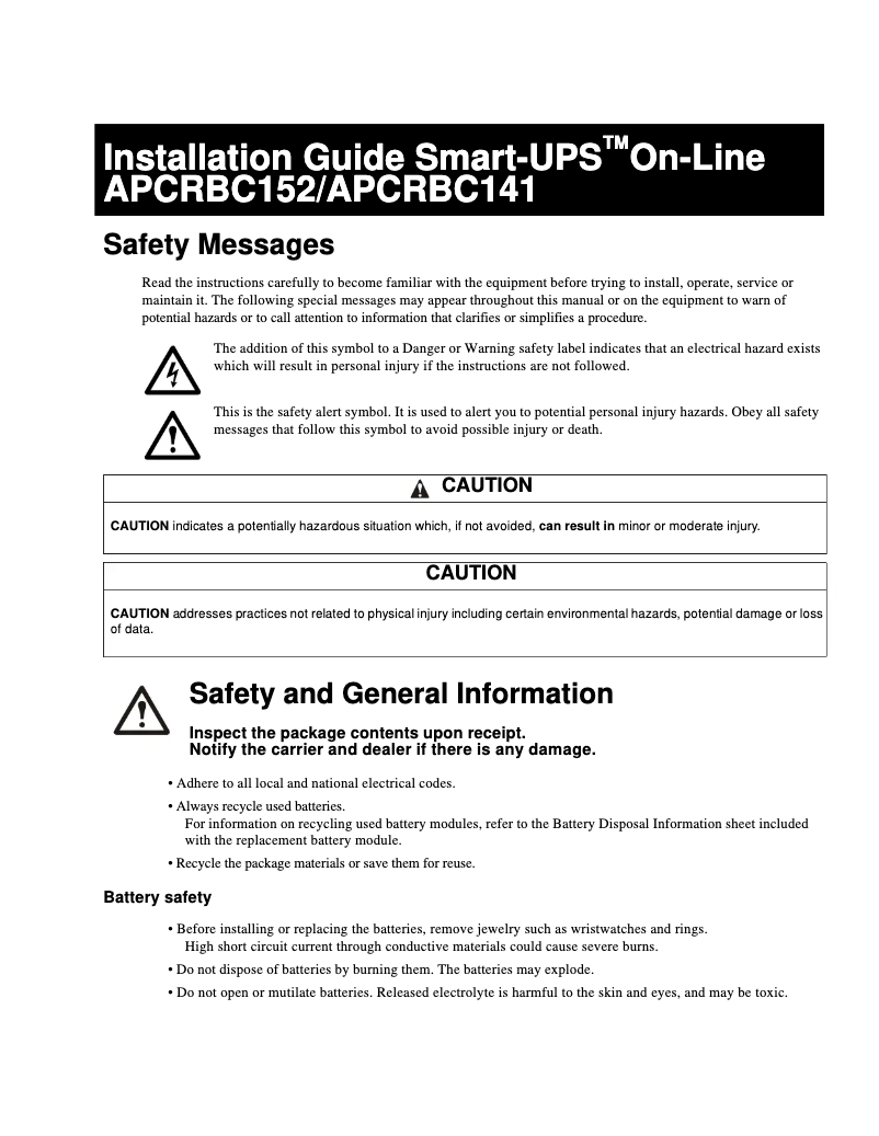 Page 1 de la notice Manuel utilisateur V7 APCRBC152- Smart-UPS On-Line