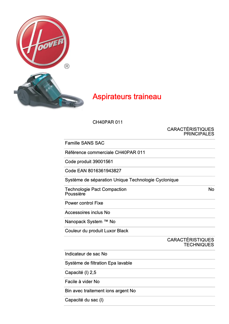 Page 1 of the manual Technical Sheet Hoover CH40PAR 011