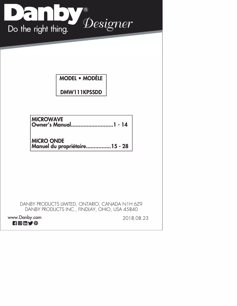Page 1 de la notice Manuel utilisateur Danby DMW111KPSSDD
